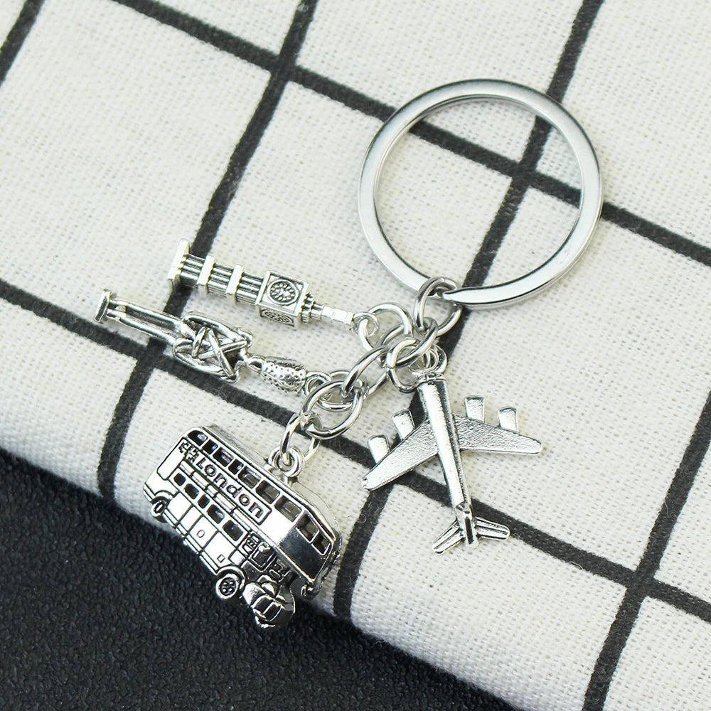London Keychain Big Ben & Bus Charm Keyring with Camera - Engraved England Travel Souvenir Gift for Backpackers