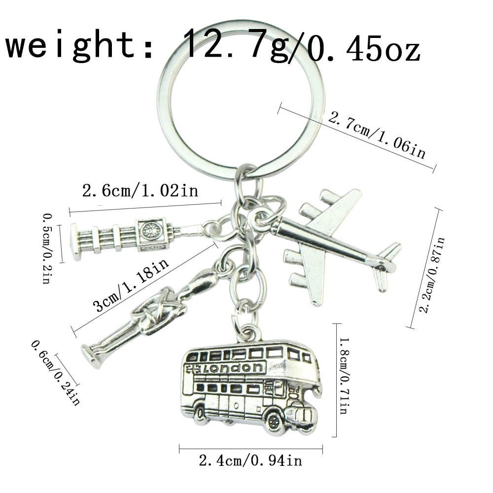 London Keychain Big Ben & Bus Charm Keyring with Camera - Engraved England Travel Souvenir Gift for Backpackers