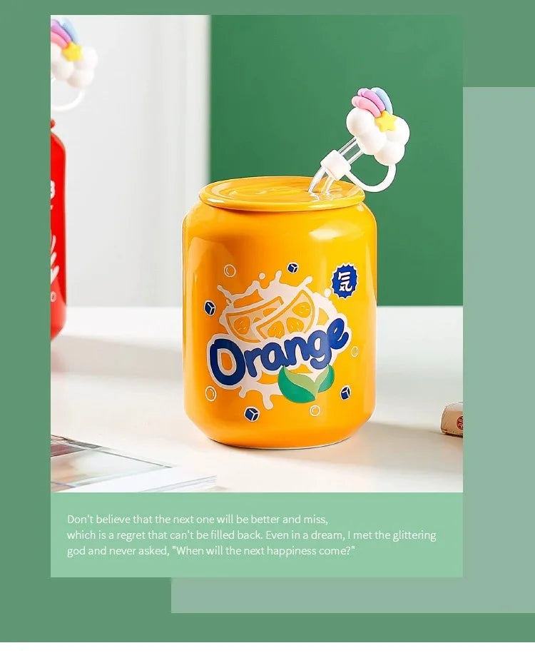 Fresh Creative Fruit Straw Cup Coke Soda Bottle Ceramic Mug with Lid Couple Souvenir Home Drinking Utensil Kitchen Appliance
