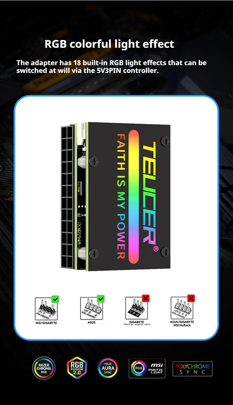 COOLCIRC ATX Power Supply 24Pin to 90 Degree Adapter 5V RGB Mainboard Motherboard Cable Connector Modular DIY PC Accessory