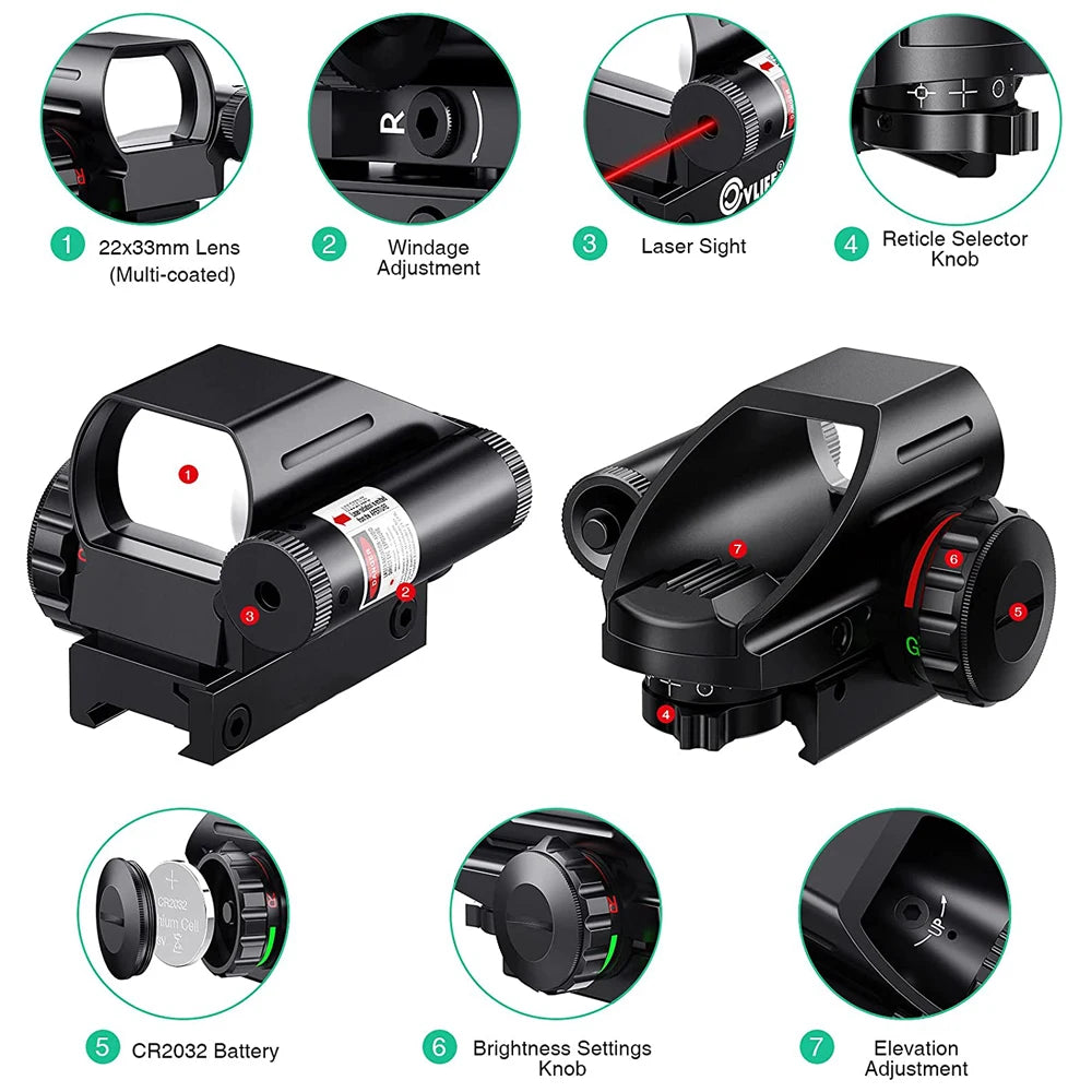 Tactical Reflex Sight Riflescope Red Green Laser Scope 4 Reticle Projected Dot Sight Scope Hunting Optics for 20mm Rail