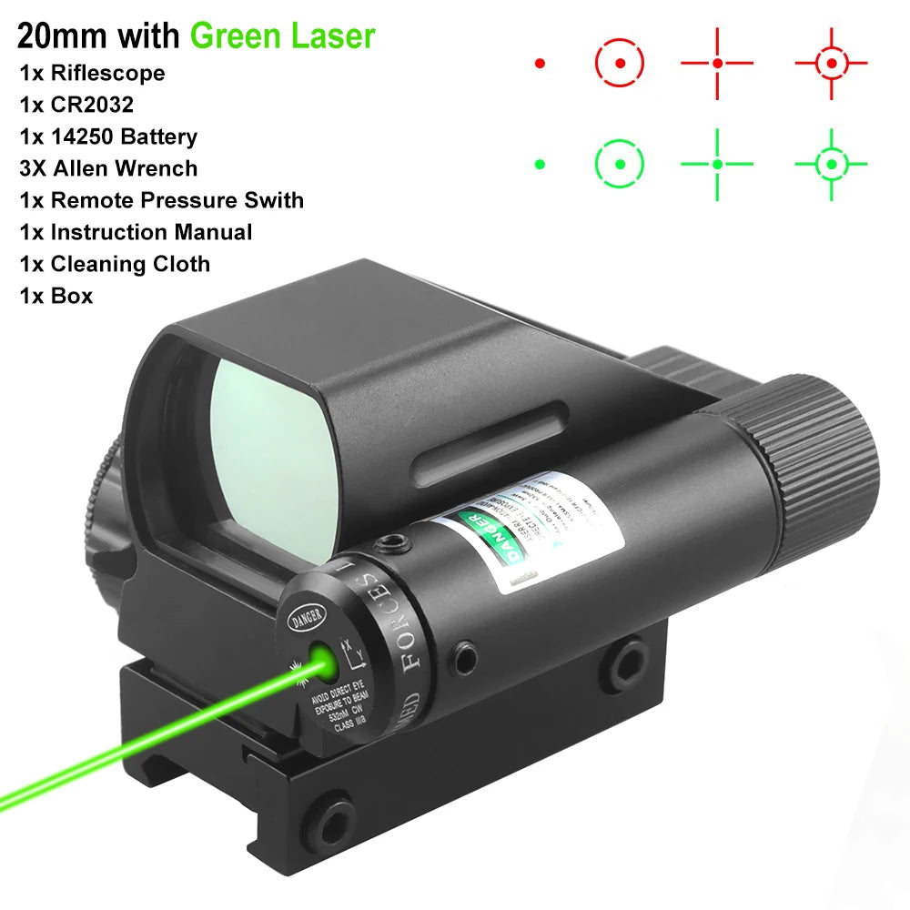 Tactical Reflex Sight Riflescope Red Green Laser Scope 4 Reticle Projected Dot Sight Scope Hunting Optics for 20mm Rail