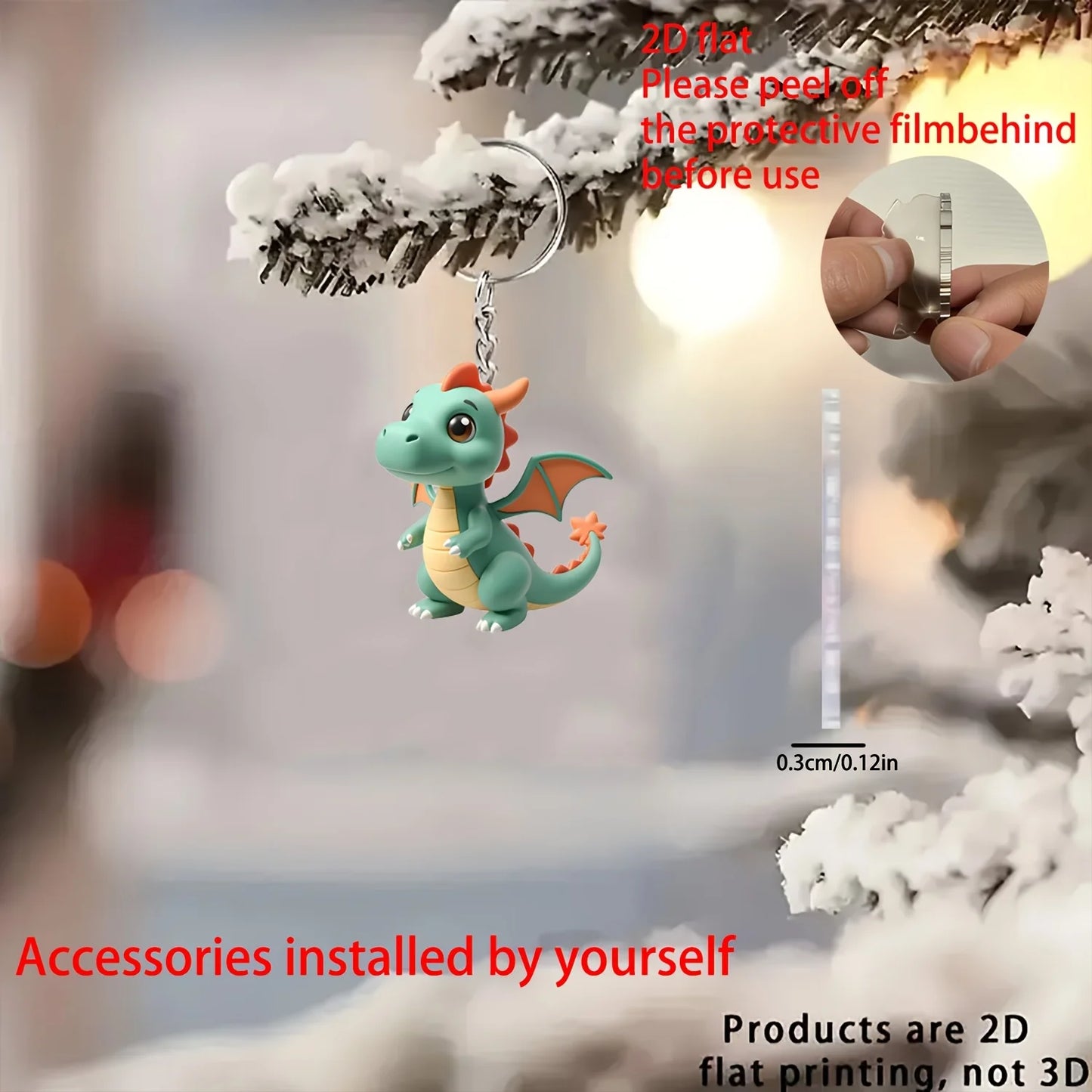 2D Green Dragon Keychain Adorable Car Pendant Acrylic Hanging Ornament Backpack Wallets Accessories Halloween Party Gift Gadget