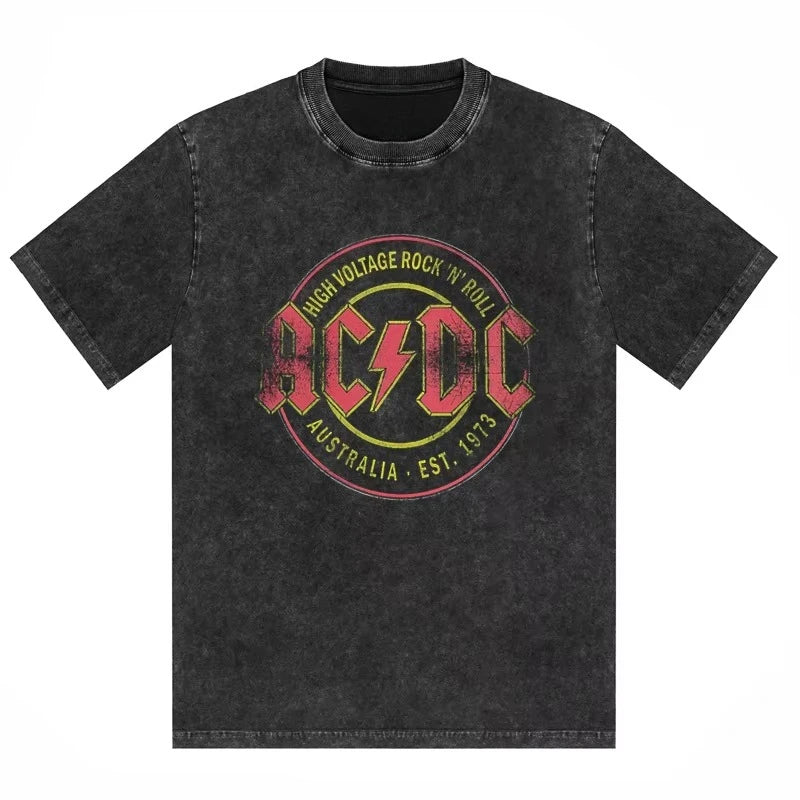 ACDC Band Printed T-shirt Washed Retro Old Short Sleeve Trendy Couple Comfortable Loose Casual Fashion New Men's Clothing 2025