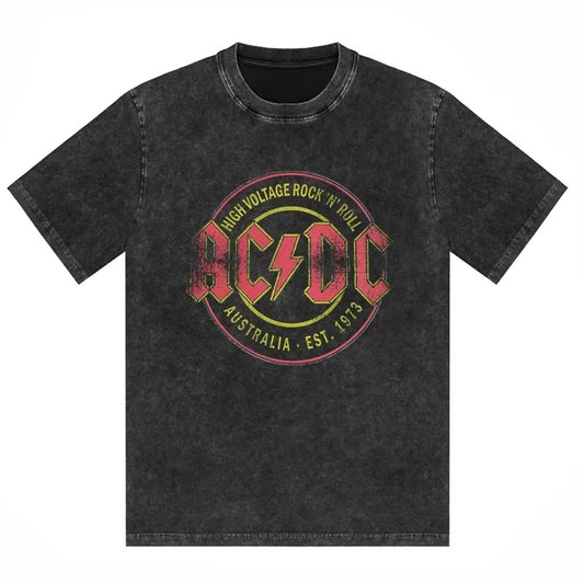 ACDC Band Printed T-shirt Washed Retro Old Short Sleeve Trendy Couple Comfortable Loose Casual Fashion New Men's Clothing 2025