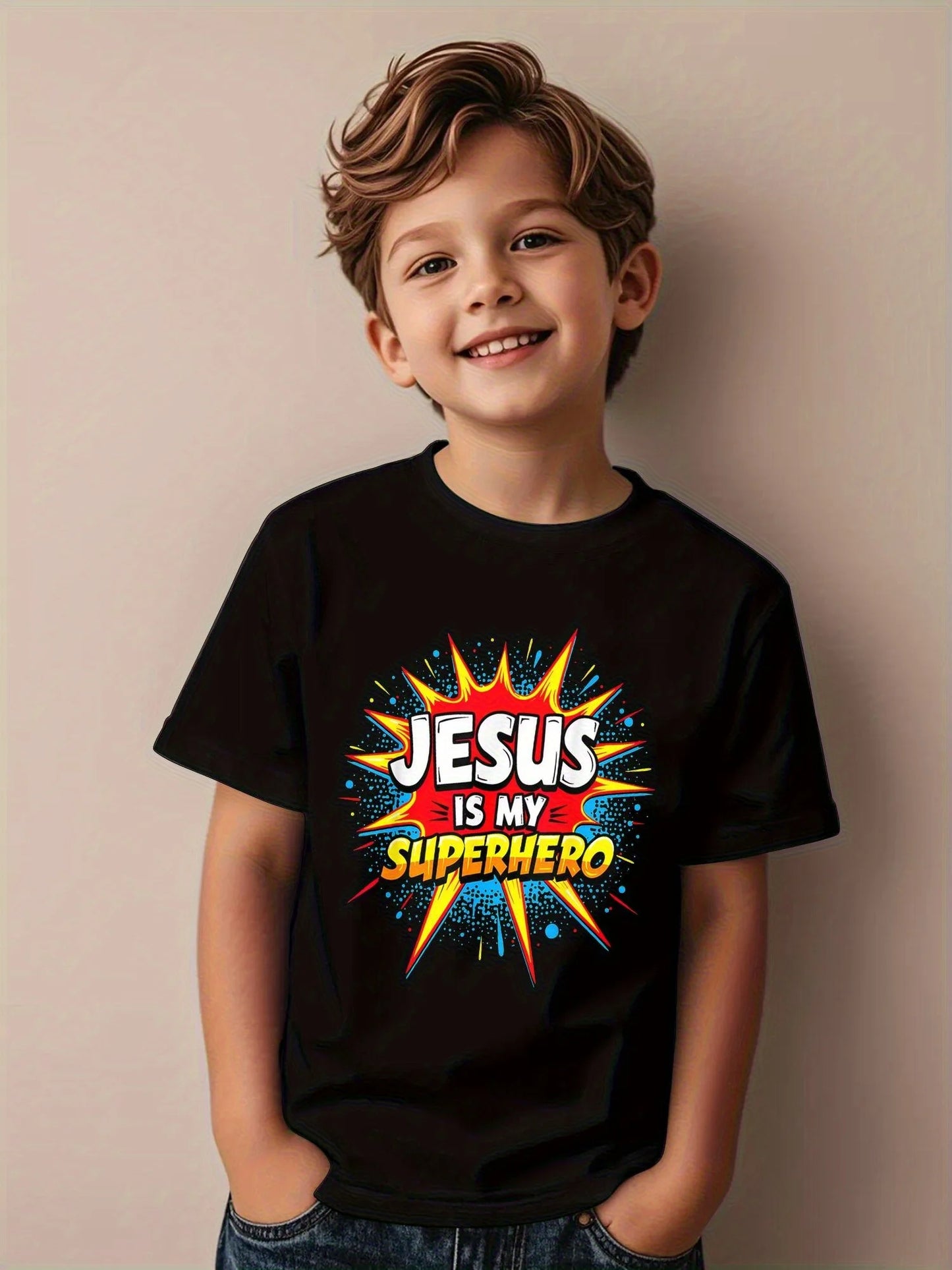 Jesus is My Superhero Funny Vibrant Cartoon Fashion Kids Printed T-Shirt Summer Girl Boy Shirt Casual Tops Crewneck Clothing