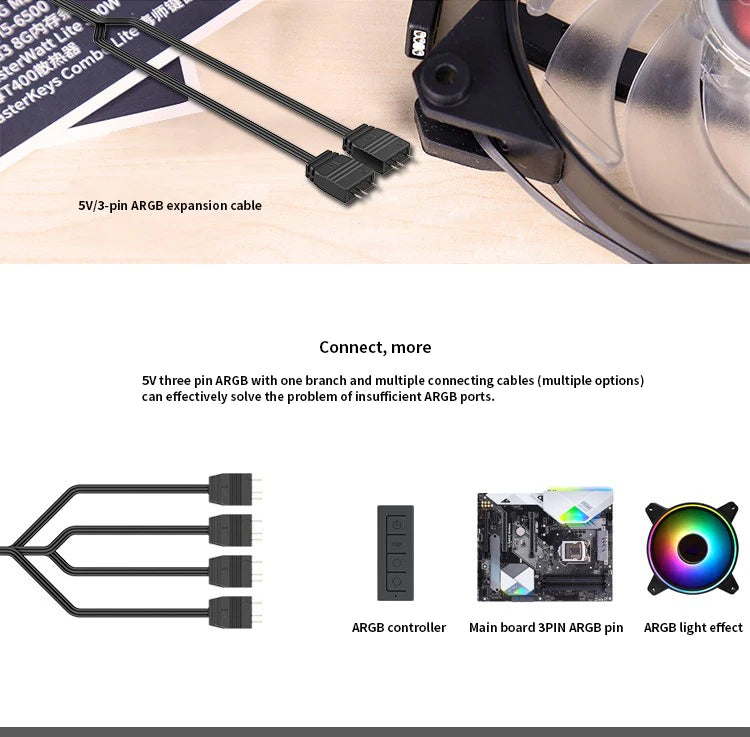 TEUCER RGB Fan Splitter Cable Sync Motherboard Cable RGB Fan Hub Adapter Cable 3PIN PC Fan Extension Cable 1 to 1/2/3/4 Line