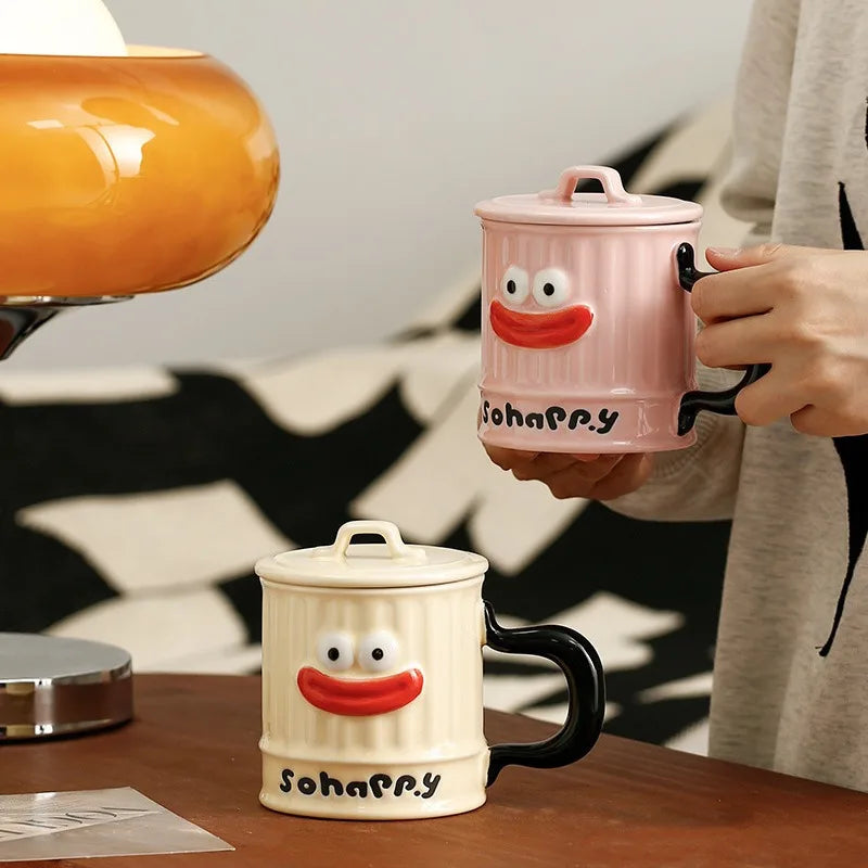 Creative Design, Cute, Funny, Ugly, Cute, Big Mouth Ceramic Mug with Lid, Home Office Drinking Cup, Milk Coffee Cup Ceramic Mug