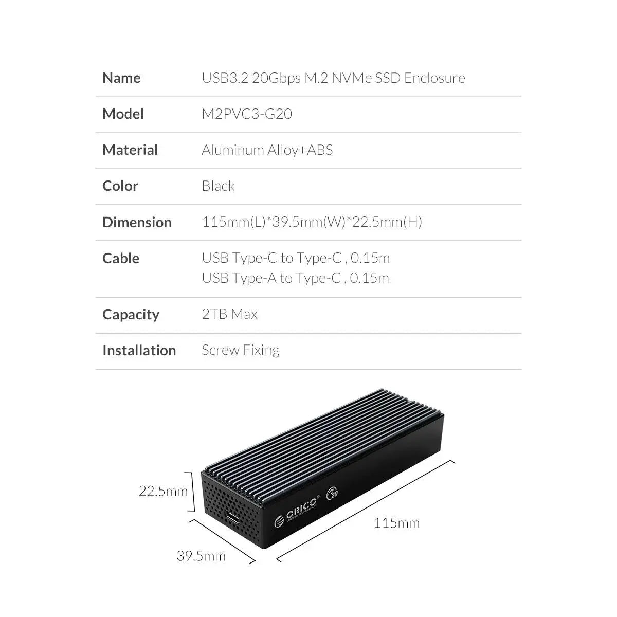 ORICO 20Gbps M.2 NVME SSD Case with Built-in Cooling Fan Type-C M2 NVME SSD Enclosure For M.2 NVME 2230 2242 2260 2280 SSD