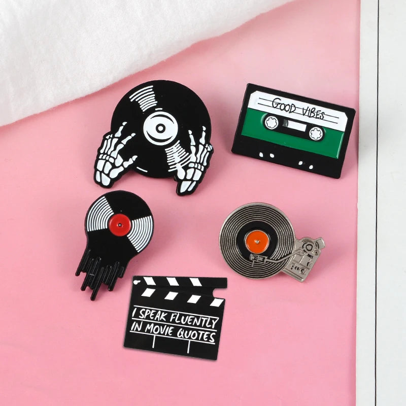 Punk Music Lovers Enamel Pin Good Vibes Tape DJ Vinyl Record Player Badge Brooch Lapel Pins Jeans Shirt Jewelry Gifts Wholesale