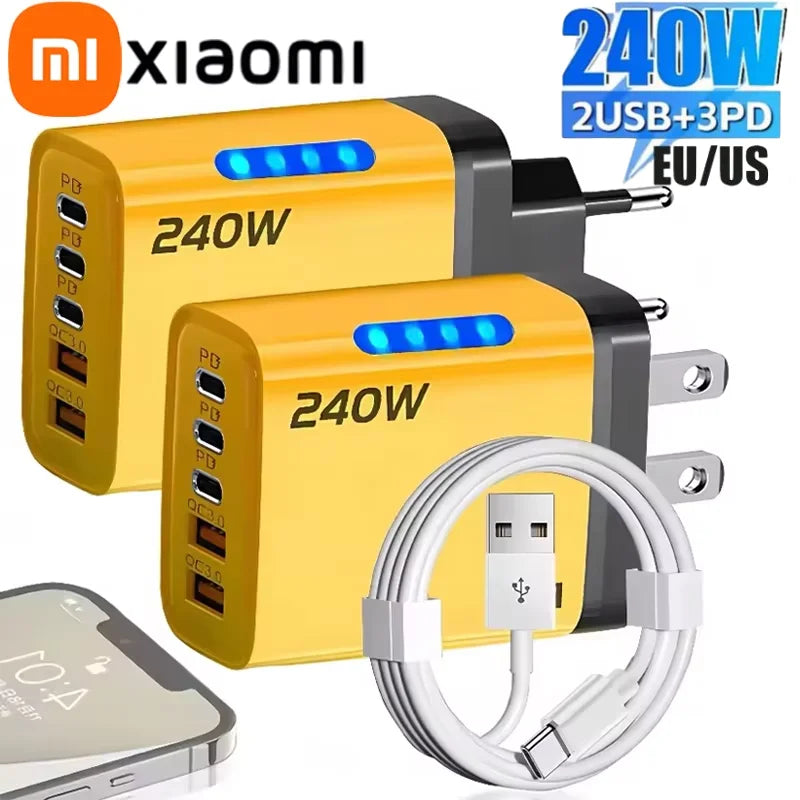 Xiaomi 5 in 1 240W  GaN Fast Charger With LED Light 2USB+3Type-C Multi Port Phone Charging Head For iPhone Huawei Laptop Tablets