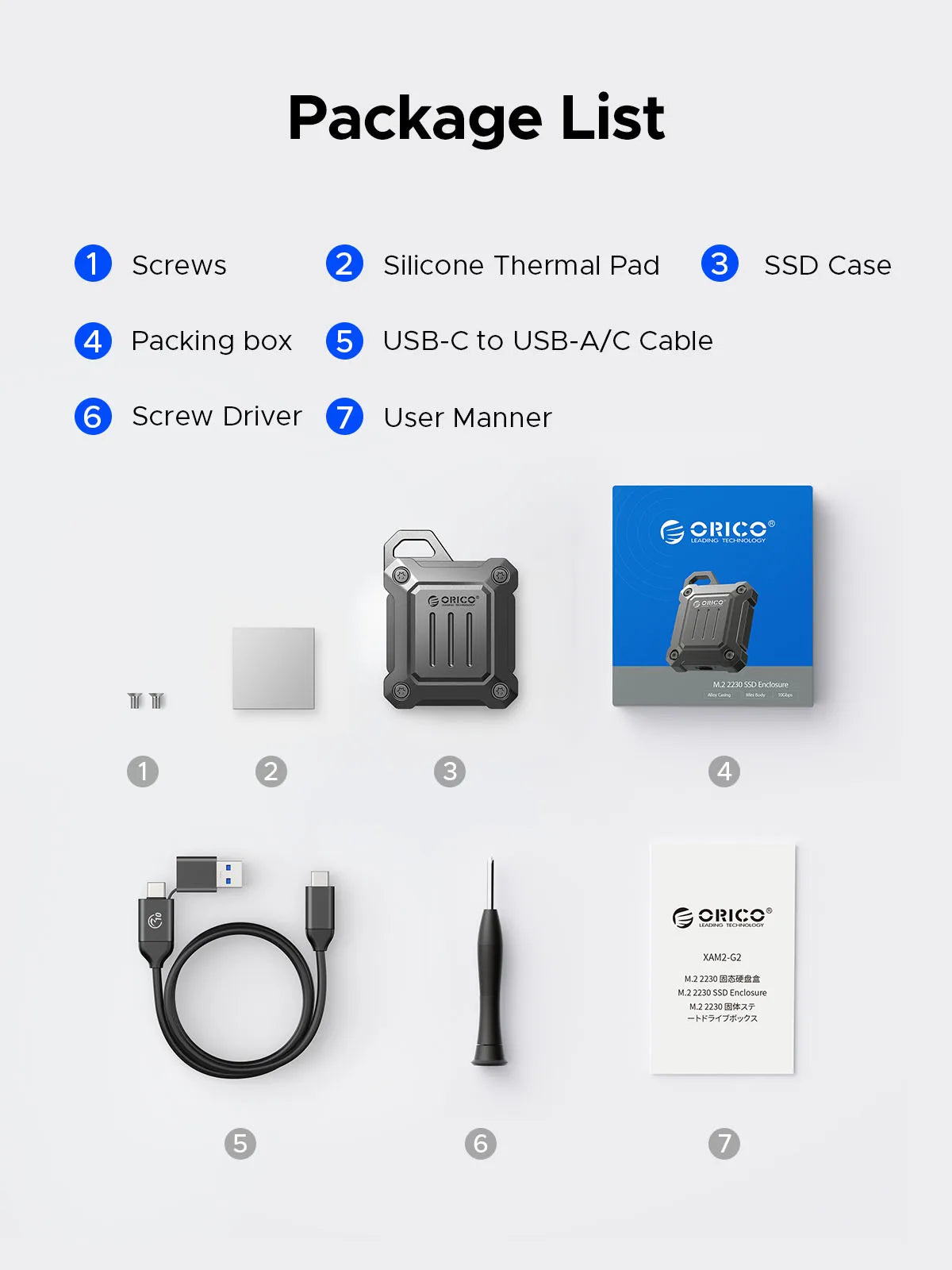 ORICO 2230 SSD Enclosure M.2 NVMe SSD Enclosure USB 3.2 Gen 2 10Gbps NVME PCI-E M-Key 2230mm External SSD Drive Enclosure