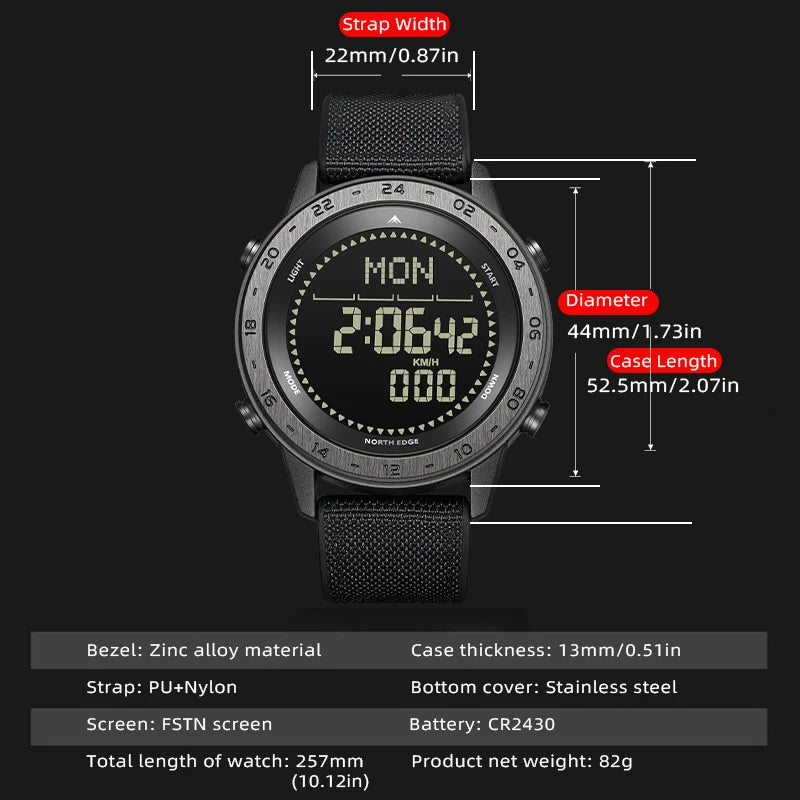 NORTH EDGE TANK 3 Men's Digital Militray Watches Outdoor Sports Watch  Pedometer Calories Compass Waterproof 50M Wristwatches