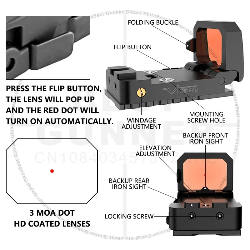 Tactical FlipDot Folding Reflex Red Dot Sight For Hunting Pistol Rifle Shotgun Scope W/R*R Plates&Picatinny Mount 3MOA Dot Sight