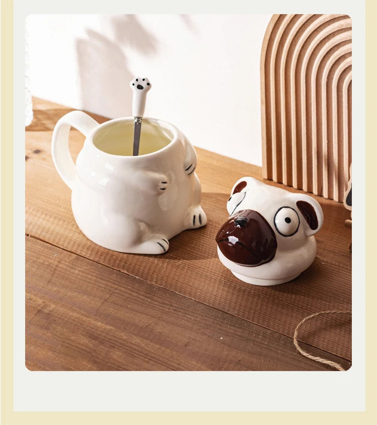 Creative Cartoon Pug Mug Ceramic Large Capacity Cute Water Cup with Lid Spoon Kitchen Drinkware Birthday Gift for Boyfriend