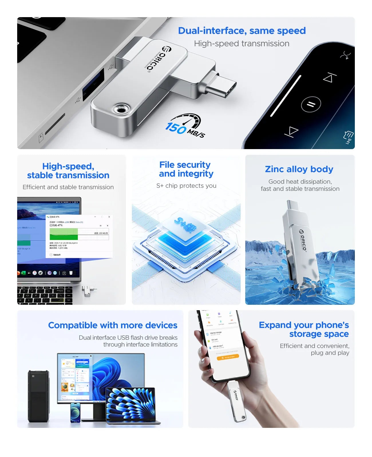 ORICO 2 in 1 Dual Flash Drive High Speed Pen Drive OTG Type C USB A Dual Interfaces for MacBook Android