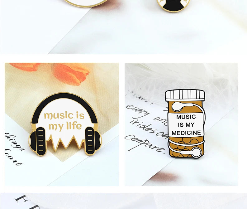 Personality Music Enthusiast Badges Pins MUSIC IS MY LIFE Earphone CD Brooches Kids Backpack Decoration Pins Jewelry Gift Girl