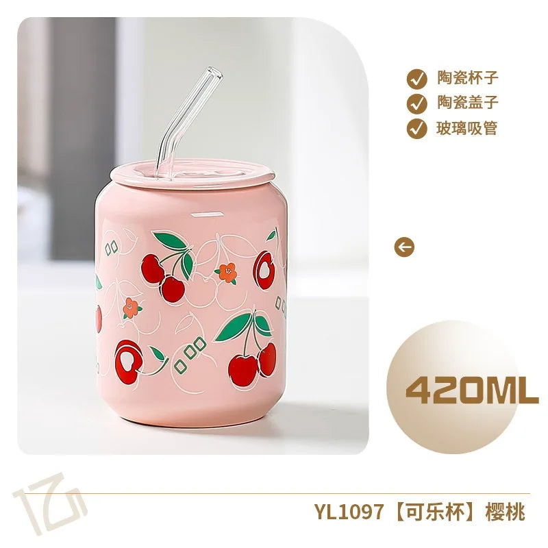 Fresh Creative Fruit Straw Cup Coke Soda Bottle Ceramic Mug with Lid Couple Souvenir Home Drinking Utensil Kitchen Appliance