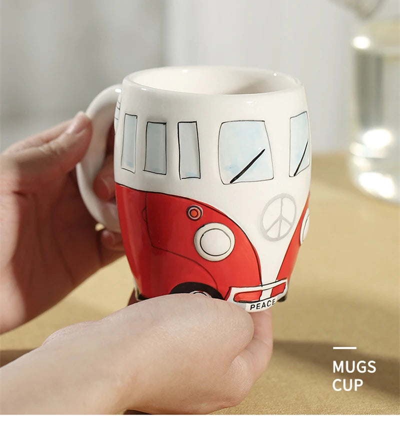 Creative Hand Painting Double Bus Mug Cartoon Ceramic Milk Tea Water Coffee Mugs Home Office School Drinkware Cup Novetly Gifts