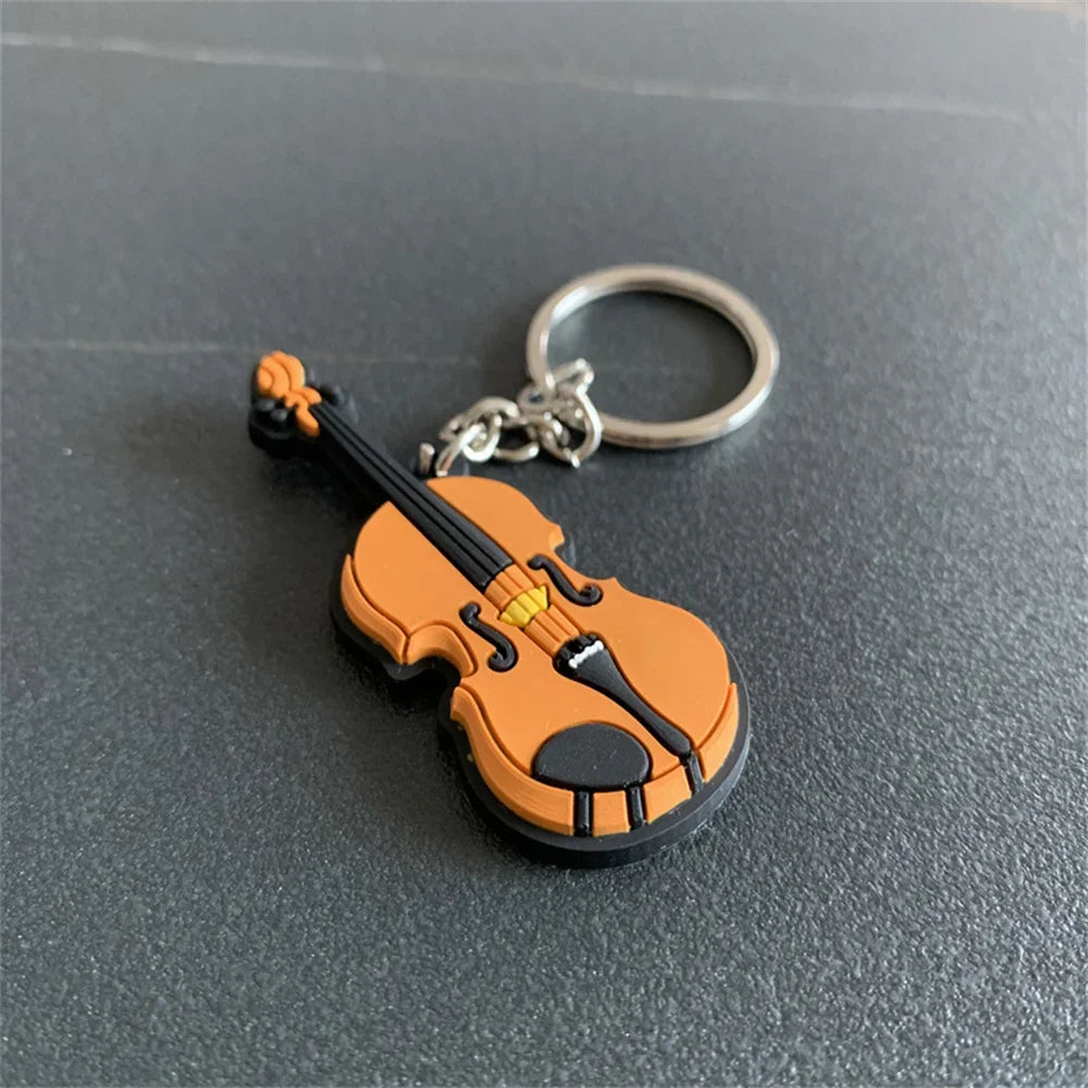 Cute Guitar Violin Piano Saxophone Keychains PVC Soft Rubber Cartoon Musical Instrument Keyring Car Backpack Pendant Accessories