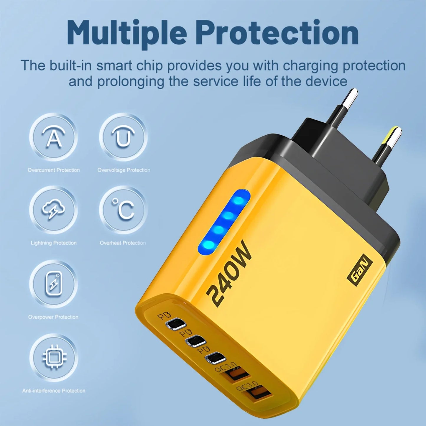 Xiaomi 5 in 1 240W  GaN Fast Charger With LED Light 2USB+3Type-C Multi Port Phone Charging Head For iPhone Huawei Laptop Tablets