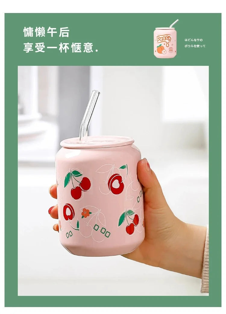 Fresh Creative Fruit Straw Cup Coke Soda Bottle Ceramic Mug with Lid Couple Souvenir Home Drinking Utensil Kitchen Appliance