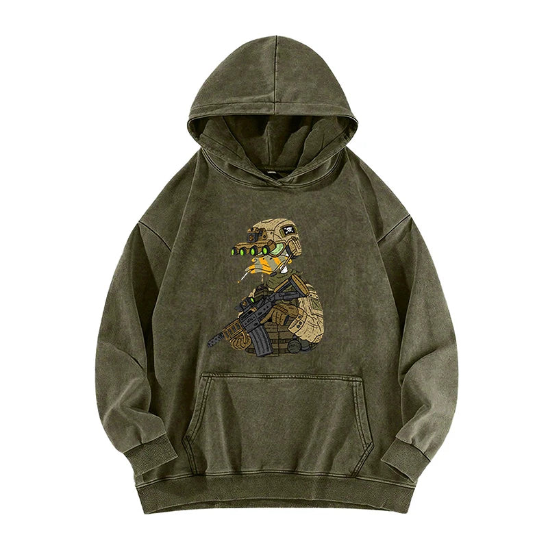 Tactical Duck Soldier Graphic Vintage Washed Hoodie Men'S Streetwear Loose Casual Hooded Sweatshirt Military Style Fashion Top