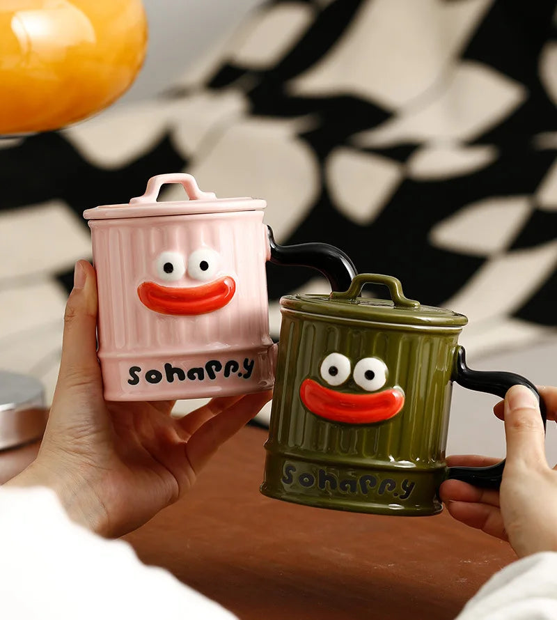 Creative Design, Cute, Funny, Ugly, Cute, Big Mouth Ceramic Mug with Lid, Home Office Drinking Cup, Milk Coffee Cup Ceramic Mug