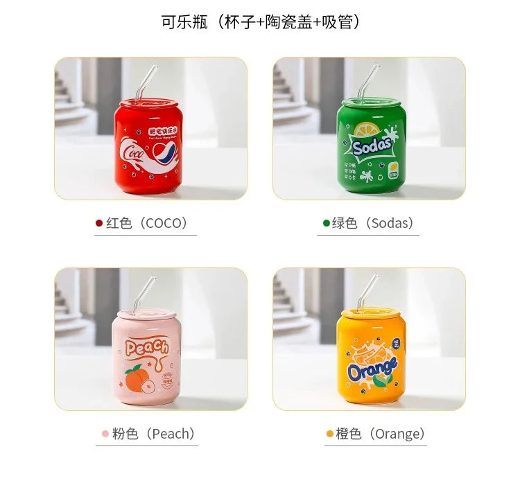 Fresh Creative Fruit Straw Cup Coke Soda Bottle Ceramic Mug with Lid Couple Souvenir Home Drinking Utensil Kitchen Appliance