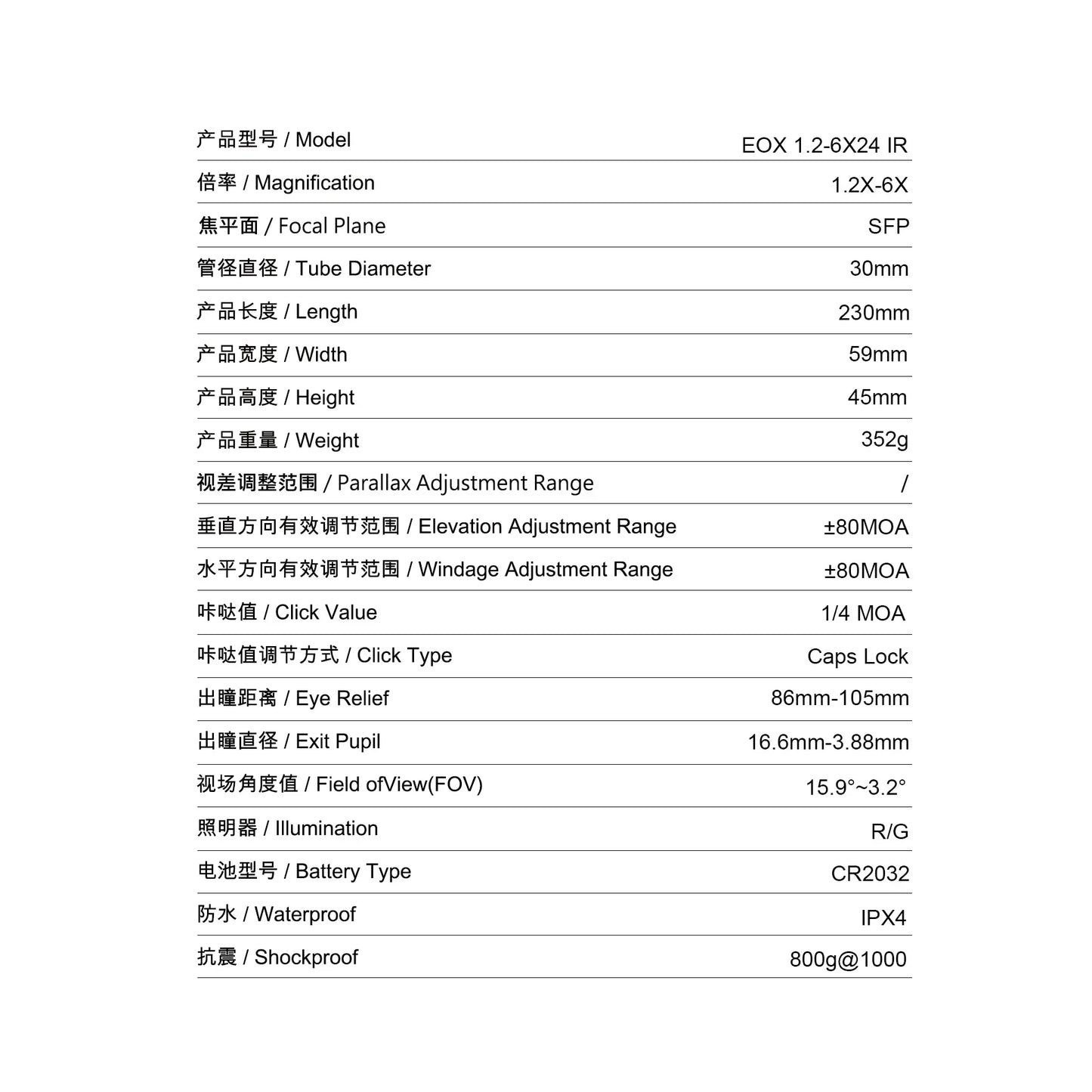 T-EAGLE EOX 1.2-6X24 IR Tactical Riflescope Hunting Spotting Rifle Scope Optical Collimator Air Gun Airsoft PCP Sight