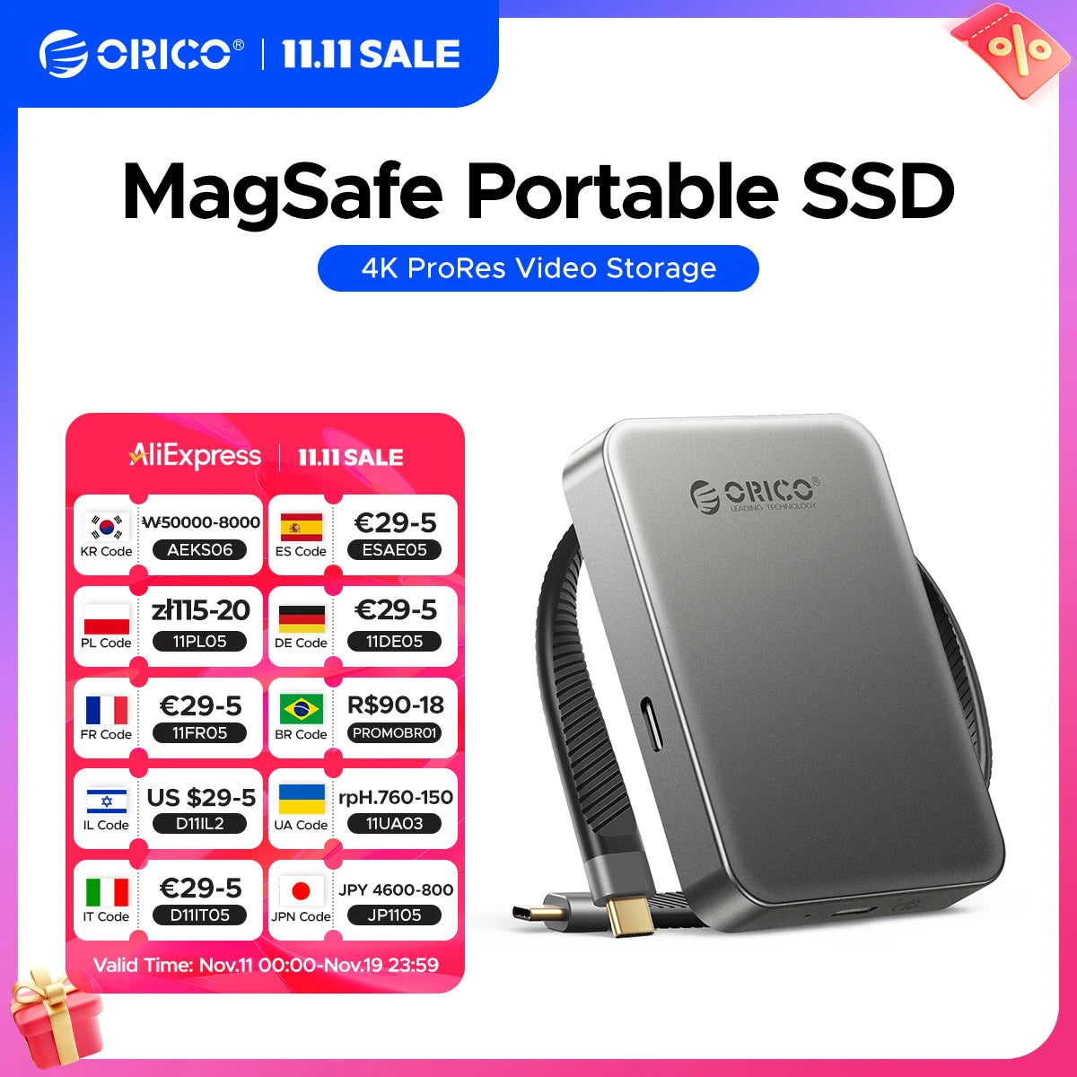 ORICO 1TB Magnetic SSD, PD100W Charging, 4K ProRes HDR, 1000MB/s USB 3.2, Portable External Drive for iPhone 16/15, Laptops