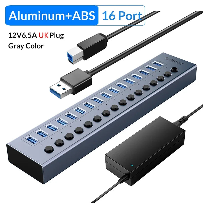 ORICO Powered USB 3.0 HUB 7/10/13/16 Ports Aluminum USB Extension with On/Off Switches Support BC1.2 Charging Splitter For PC