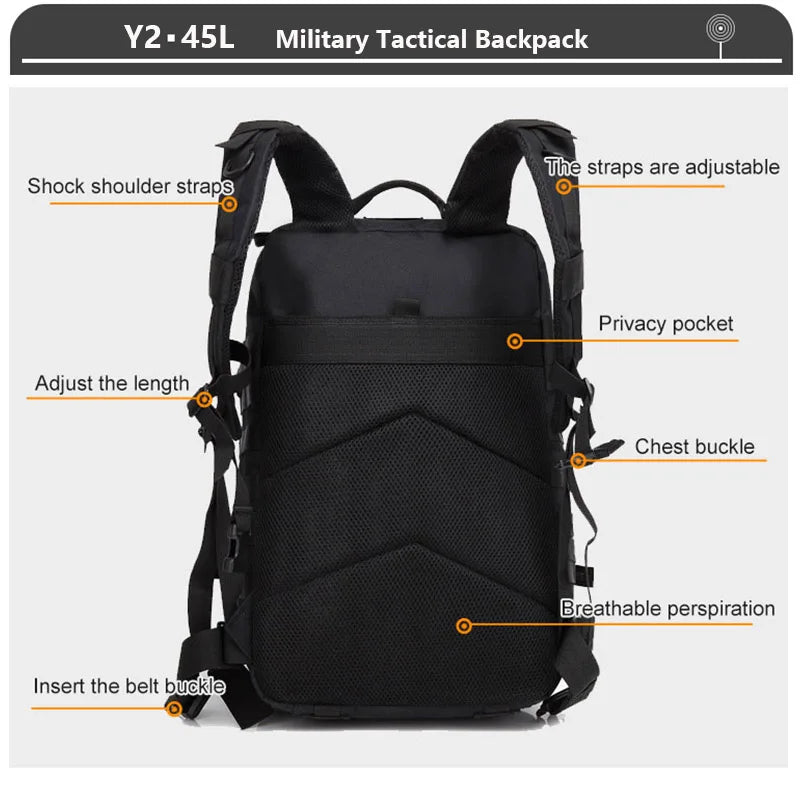 Tactical Backpack 3 Day Assault Pack Molle Bag 38/45L Large Outdoor Waterproof Hiking Camping Travel 600D Rucksack Men Fishing