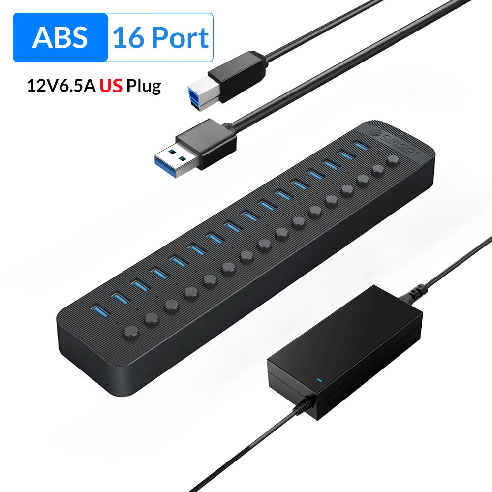 ORICO Industrial 7/10/13/16 Port USB 3.0 Hub Multiple Expander Socket Splitter On/Off Key Switch Dock USB Charger Power Adapter