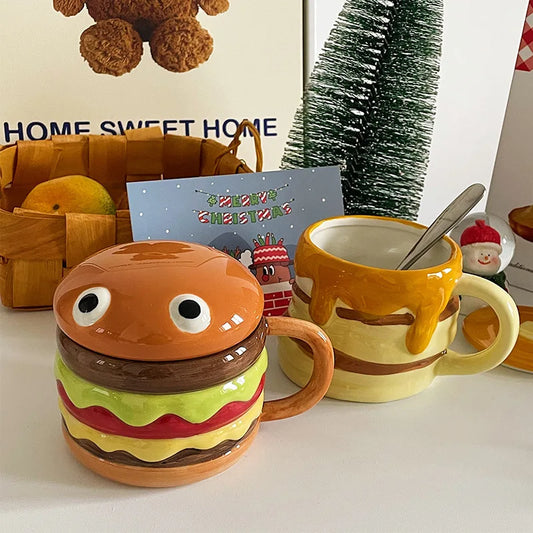 300ML Coffee Mugs Creative Hamburger Shaped Water Cup with Lid Cute and Cute Breakfast Cup Large Capacity Ceramic Hamburger Mug