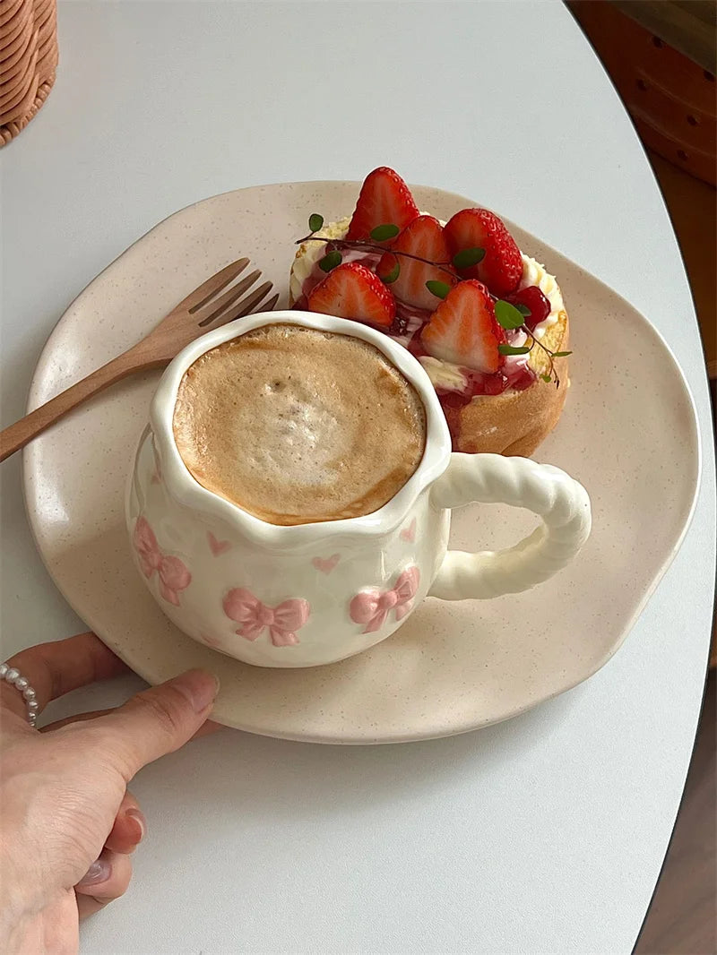 Thickened Cream White Mug Cute Bow Cartoon Ceramic Cup with Handle Milk Cup Coffee Cup Modern Simple Universal Water Cups