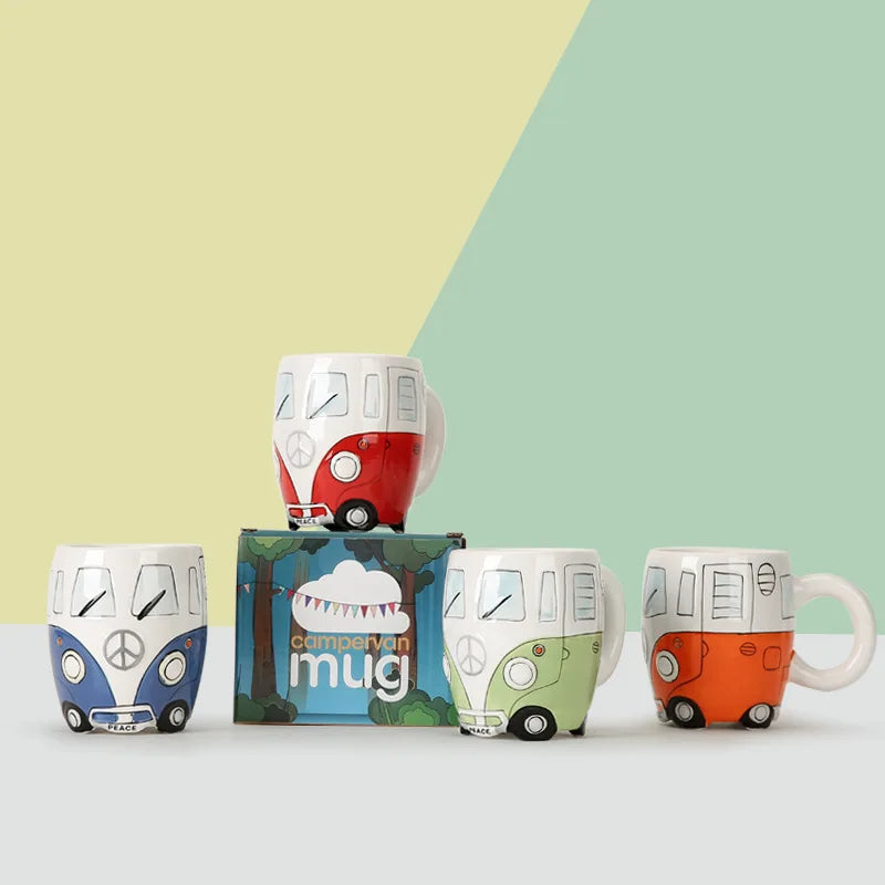 Creative Hand Painting Double Bus Mug Cartoon Ceramic Milk Tea Water Coffee Mugs Home Office School Drinkware Cup Novetly Gifts