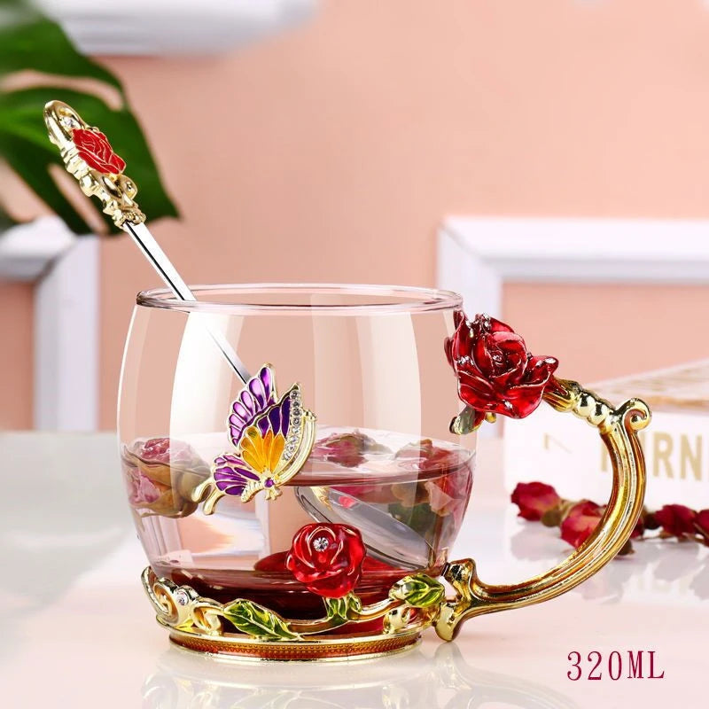 Hand-made Enamel Coffee Mug Crystal Cup Milk Lemon Flower Tea Cup High-grade Glass Drinkware Gift Couple Mug For Lover Wedding