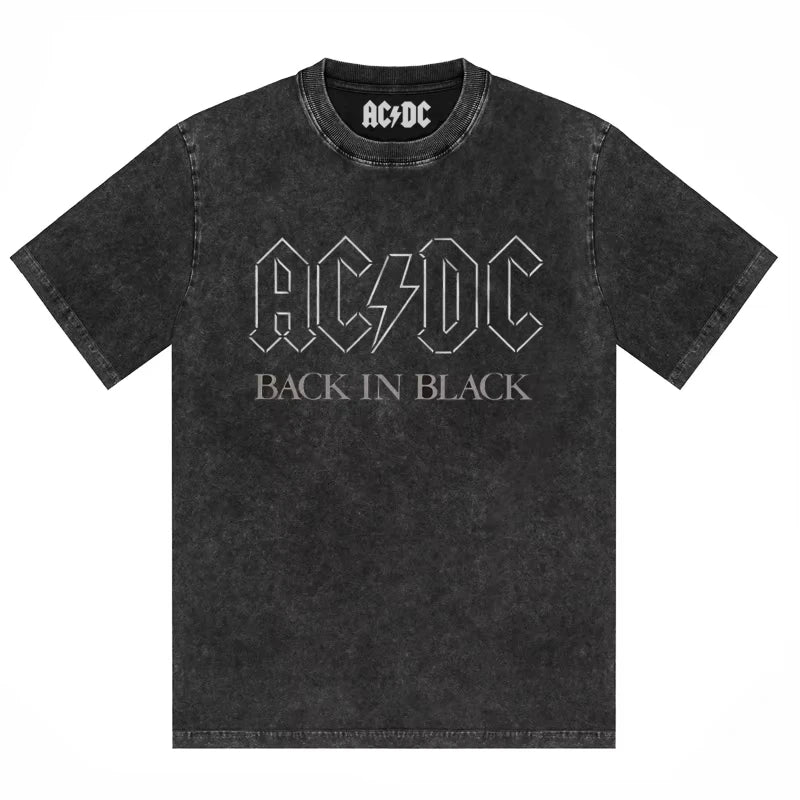 ACDC Band Printed T-shirt Washed Retro Old Short Sleeve Trendy Couple Comfortable Loose Casual Fashion New Men's Clothing