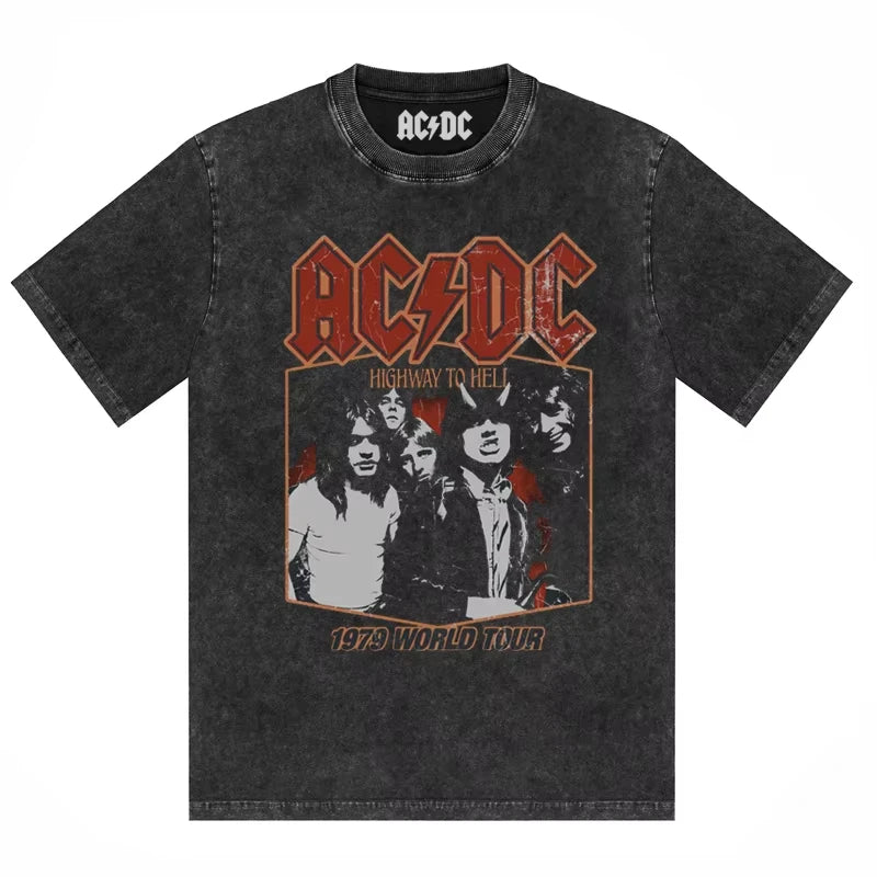 ACDC Band Printed T-shirt Washed Retro Old Short Sleeve Trendy Couple Comfortable Loose Casual Fashion New Men's Clothing