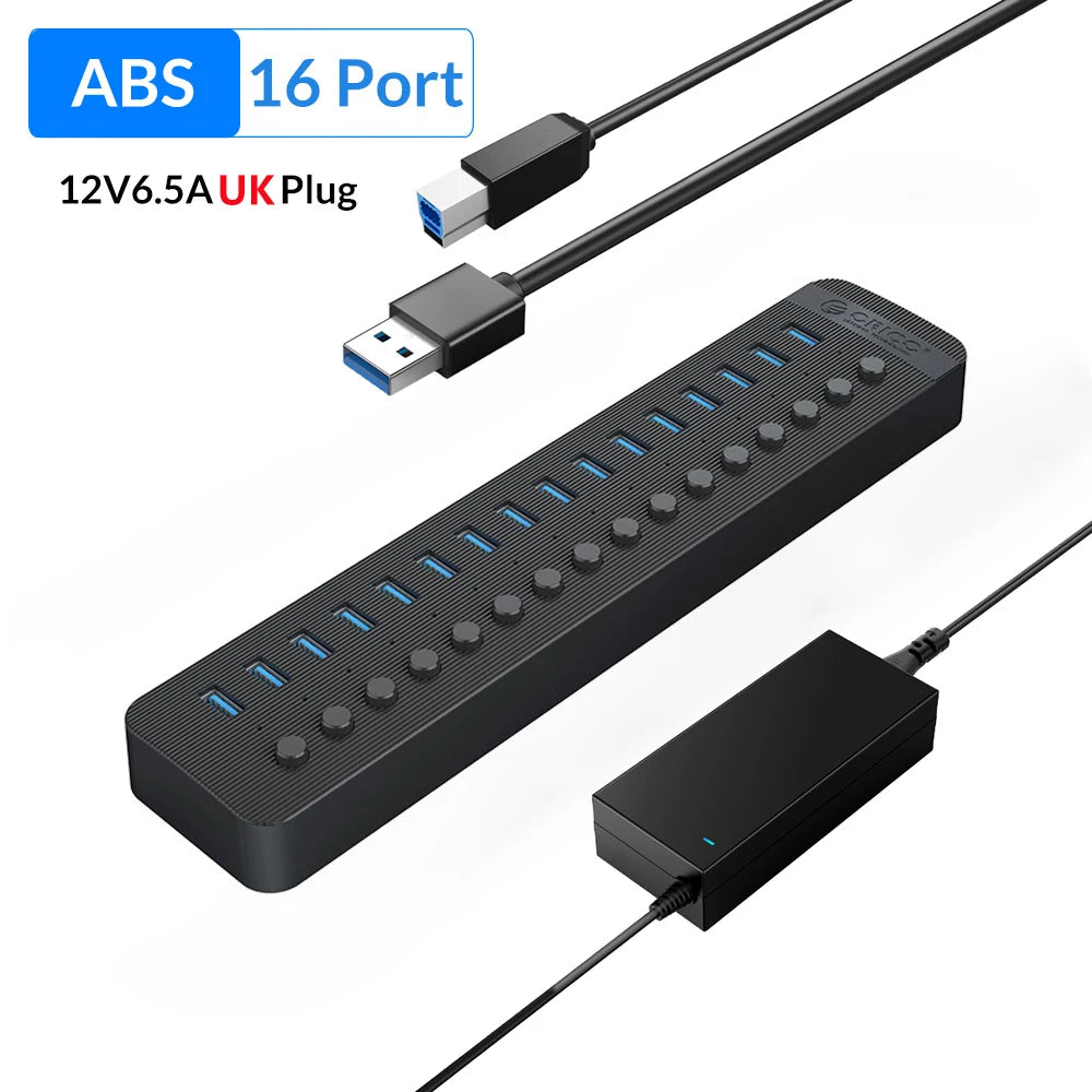 ORICO Industrial 7/10/13/16 Port USB 3.0 Hub Multiple Expander Socket Splitter On/Off Key Switch Dock USB Charger Power Adapter