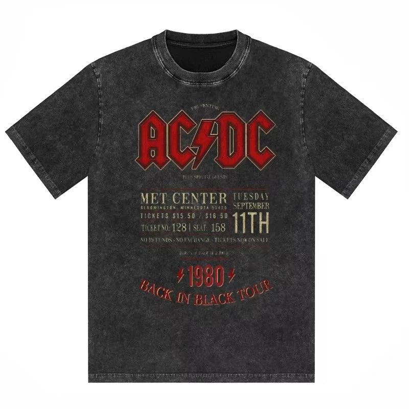 ACDC Band Printed T-shirt Washed Retro Old Short Sleeve Trendy Couple Comfortable Loose Casual Fashion New Men's Clothing 2025