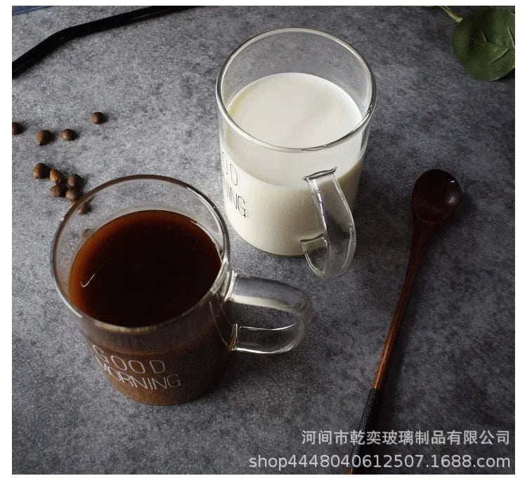 500ml Good Morning Glass Mug Coffee Milk Breakfast Cup Tumbler with Handle Transparent Drinkware Household Gift for Children Set