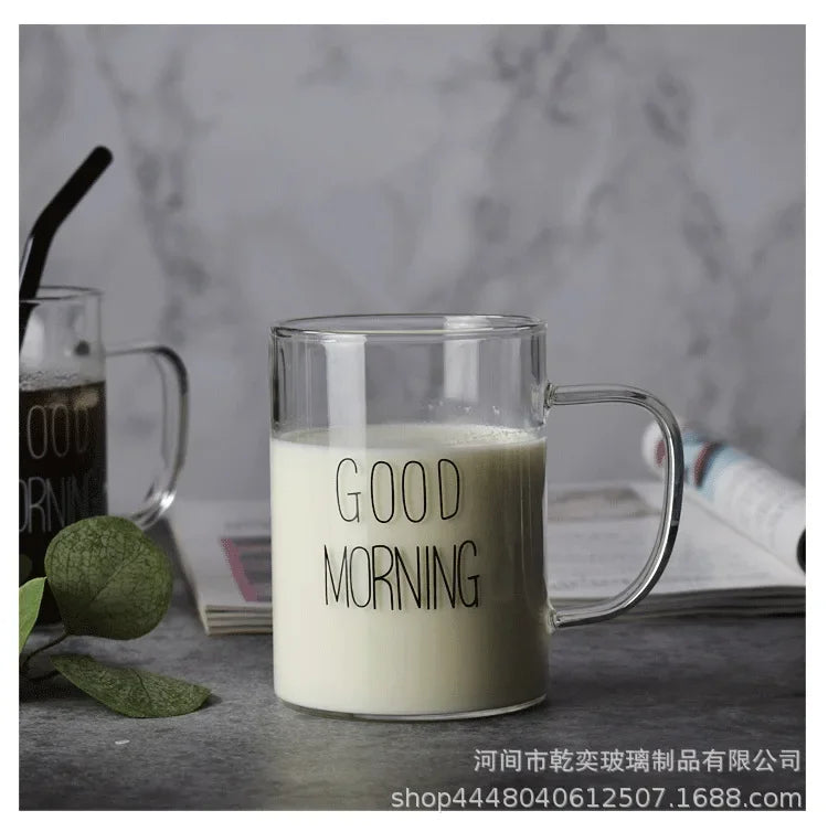 500ml Good Morning Glass Mug Coffee Milk Breakfast Cup Tumbler with Handle Transparent Drinkware Household Gift for Children Set