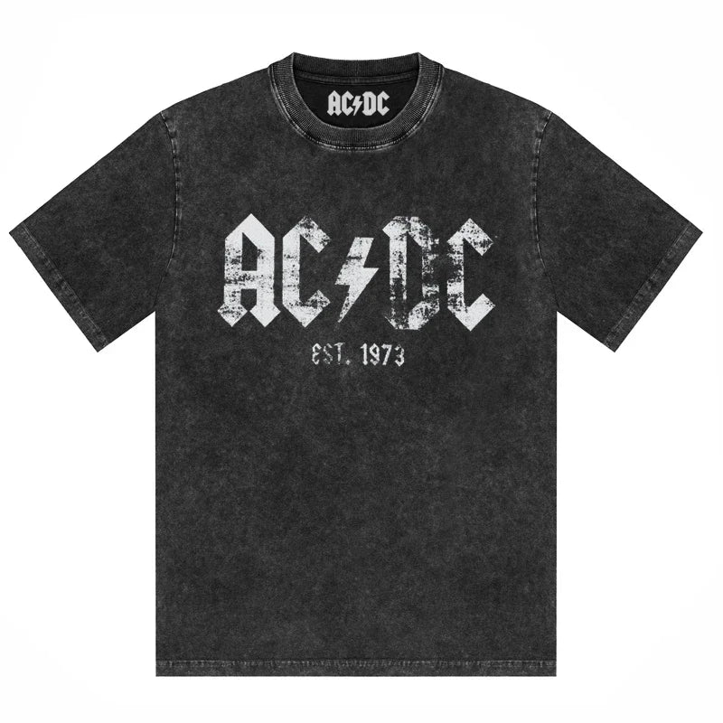 ACDC Band Printed T-Shirt Washed Retro Old Short Sleeve Trendy Couple Comfortable Loose Casual Fashion New Men'S Clothing
