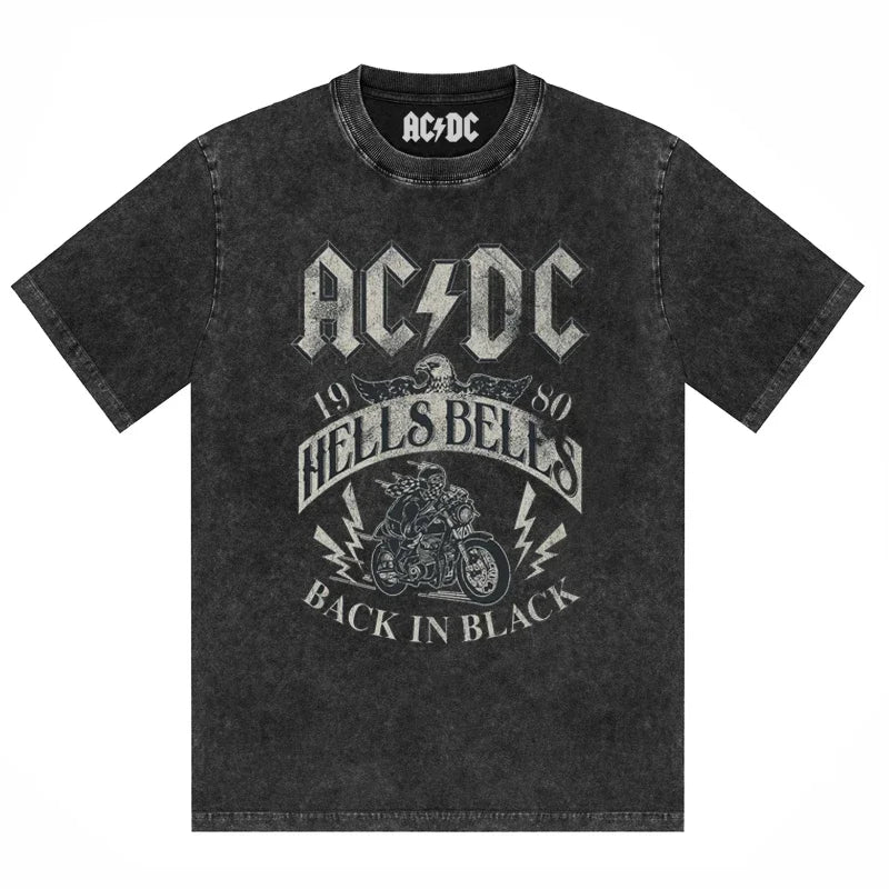 ACDC Band Printed T-Shirt Washed Retro Old Short Sleeve Trendy Couple Comfortable Loose Casual Fashion New Men'S Clothing