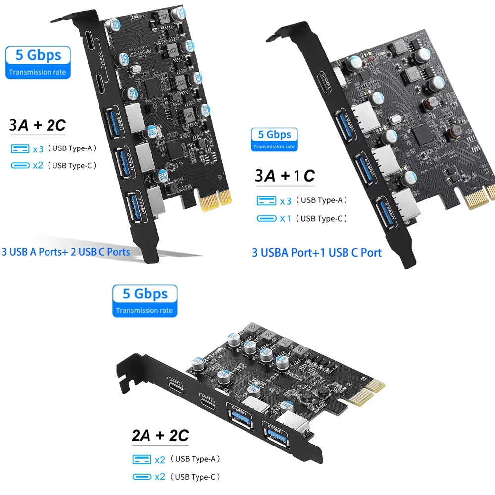 PCI Express Card  2Port USBA/ USBC 5Gbps USB3.2 Gen1 USB3.0 PCIE Card Expansion Add on Card Adapter for Windows/Linux