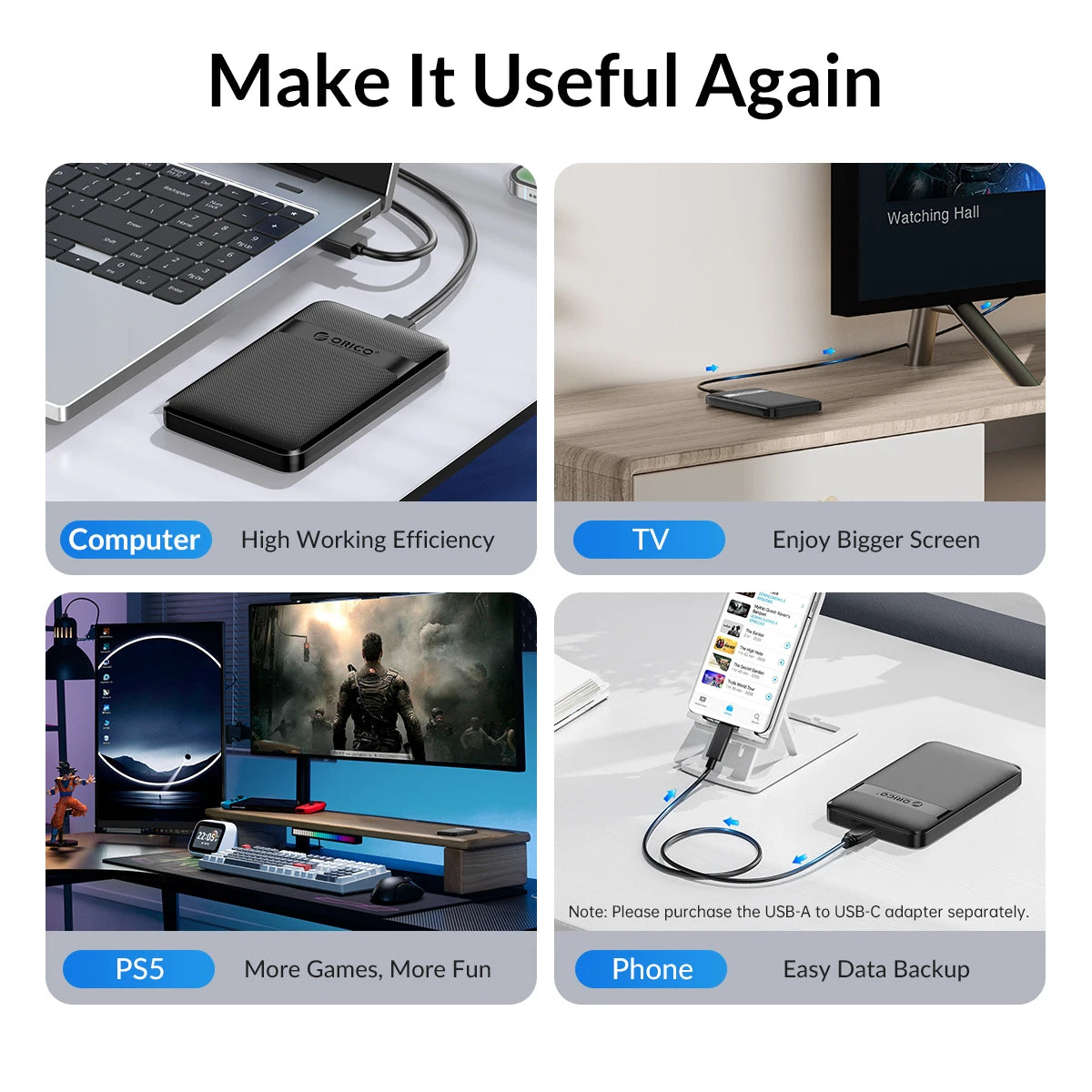 orico 2.5 Inch HDD Case SATA to USB3.0/Type-C Hard Drive Enclosure 6Gbps Max USB-C External SATA HDD enclosure Support Uasp