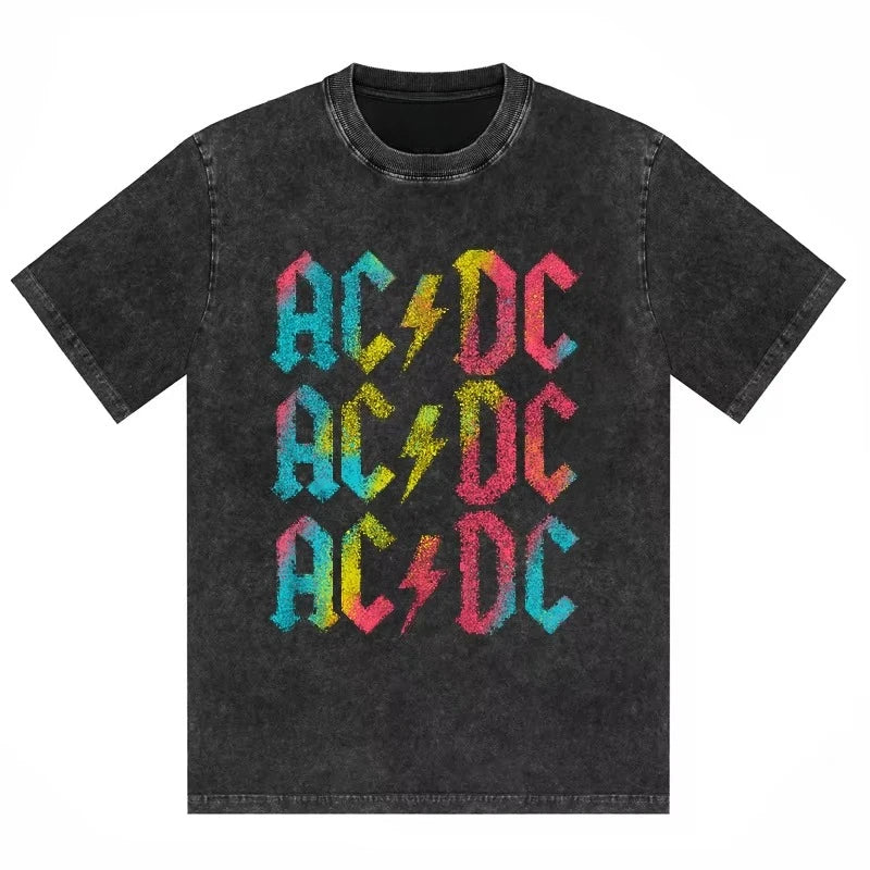 ACDC Band Printed T-shirt Washed Retro Old Short Sleeve Trendy Couple Comfortable Loose Casual Fashion New Men's Clothing 2025