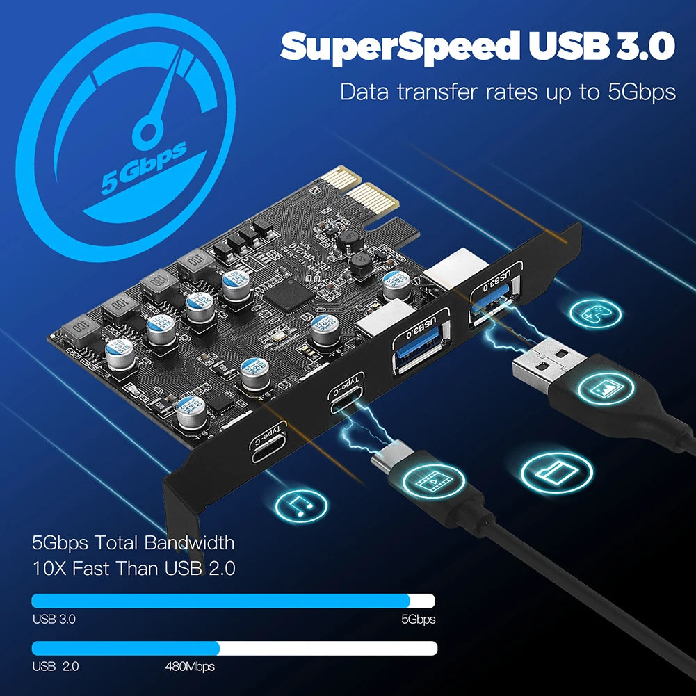 PCI Express Card  2Port USBA/ USBC 5Gbps USB3.2 Gen1 USB3.0 PCIE Card Expansion Add on Card Adapter for Windows/Linux